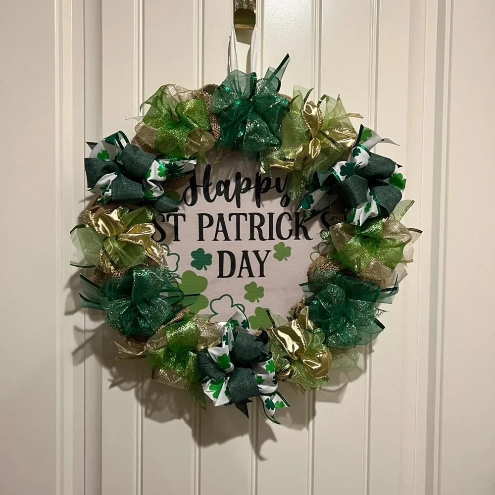 17” Happy St. Patrick’s Day Ribbon Wreath shamrocks in Green, White Handmade W4